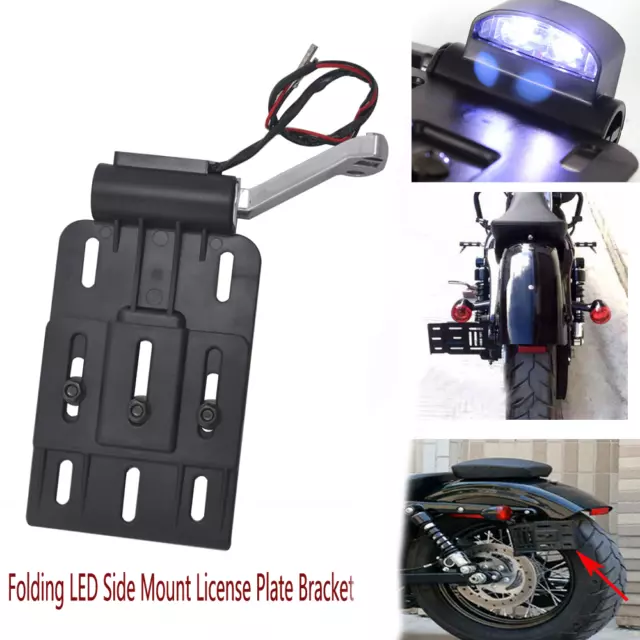 Black Foldable Side LED License Plate Mount Bracket For Harley Sportster Dyna