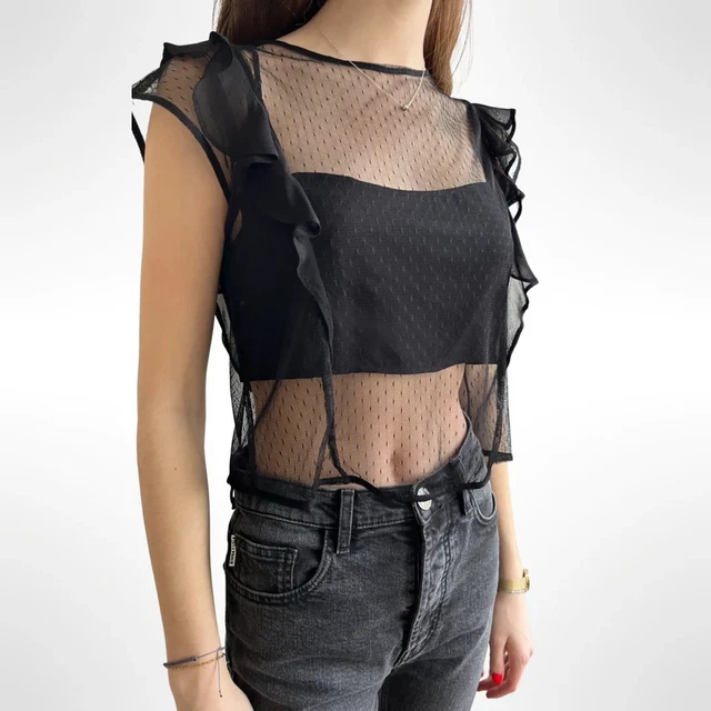 Haut Zara Noir Transparent à Manches Longues - Taille XS - Avec Poches - Occasion Très Bon état