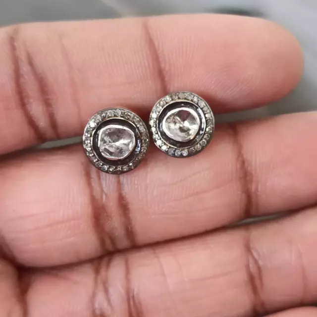 Rose Cut Polki Pave Diamond Stud Earring 925 Sterling Silver Victorian Earring