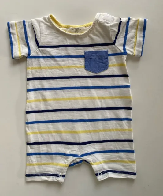 Purebaby baby boy size 0-3 months white blue yellow stripe romper, VGUC