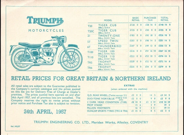 TRIUMPH MOTORCYCLES PRICE List April 1957 Bonneville Trophy 110 Cub 