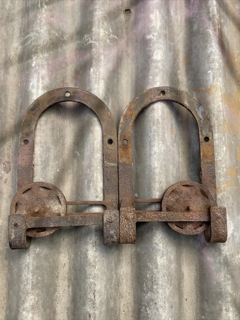 PAIR Antique Barn Door Hinge Rail Rolling Wheel Brackets Hardware Farm Steampunk