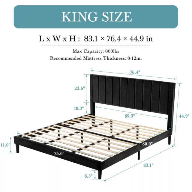 Platform Bed Frame with Velvet Upholstered Plush Vertical Channel Headboard