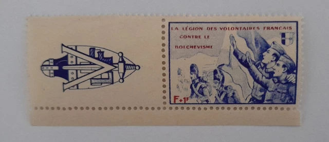 timbre neuf france 1942 L V F n° 9  F + 1F, outremer et rouge  Avec Vignette.