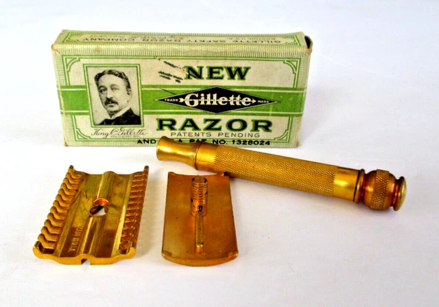 Vtg c. 1930 Gillette "New Razor" ~ 3 Piece Comb Gold Plate in Original Box