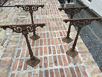 Pair Ornate French Antique Cast Iron Base  Table Stand Marble Glass