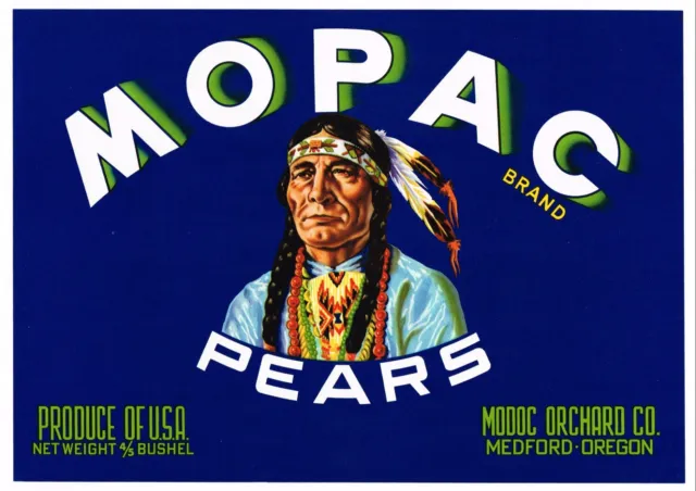 Original 1950S Crate Label Vintage Native American Indian Medford Oregon Mopac