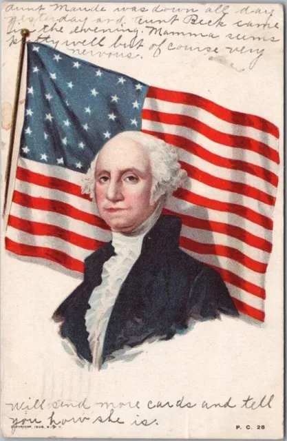 1909 George Washington's Birthday Postcard U.S. Flag /Portrait *Writing on Front