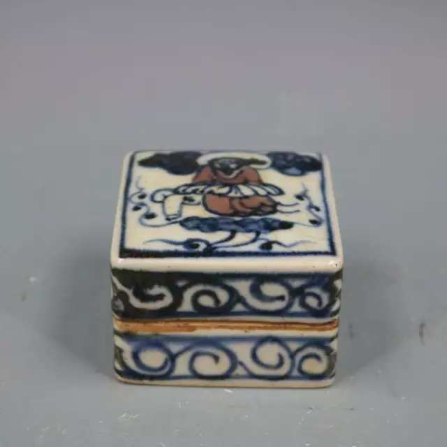 Chinese Yuan Blue and White Porcelain Red Figure Ink Box Rouge Box 2.5 inch
