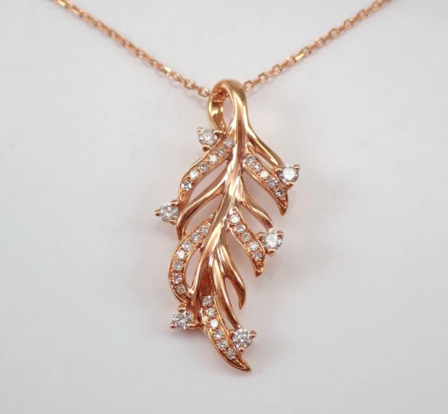 Real Muissanite Feather Necklace Cluster Pendant 14K Rose Gold Platred 18" Chain