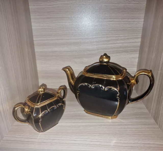 Sadler 24ct Gold & Black Gilded Cube English Teapot &  Sugar 1922 Very Rare