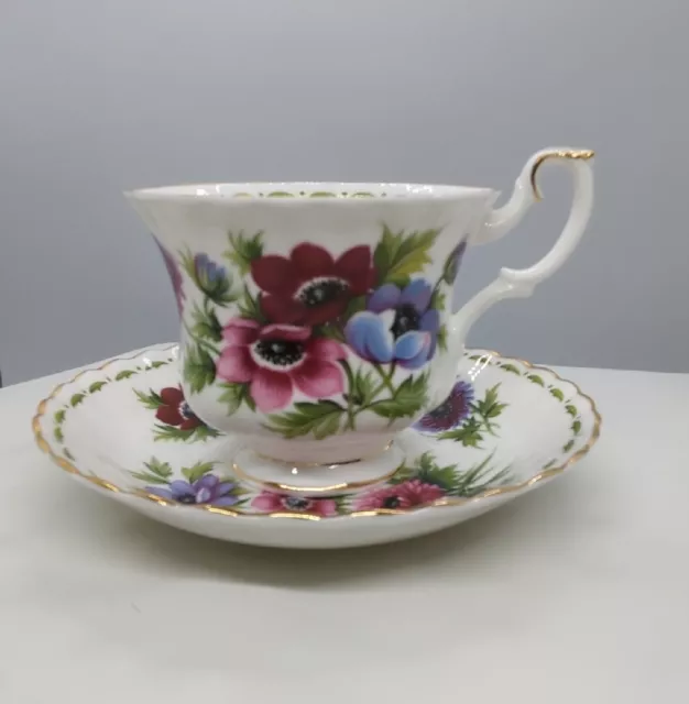 Vtg ROYAL ALBERT March Flower of The Month Anemones Footed Cup & Saucer Set AsIs