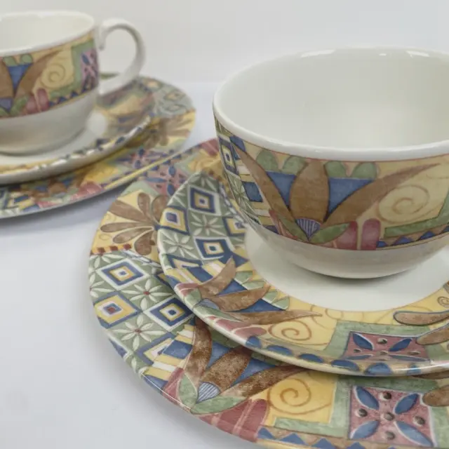 VTG Johnson Bros CAIRO Two Trios Cups Saucers Tea Plates Exotic Multi Geometric