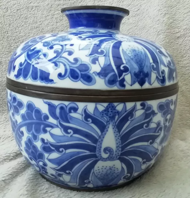 Ancien Grand Pot Couvert Gingembre Porcelaine Asiatique Blanc Bleu Chine China