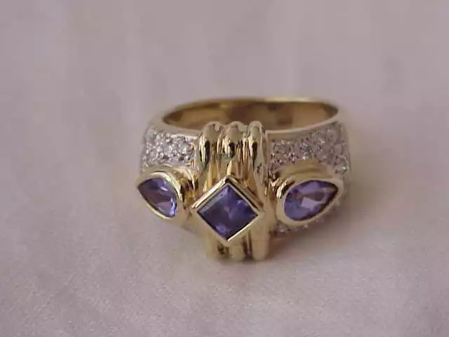 LeVian DESIGNER 14K GOLD .70 CT. VS2 G DIAMOND & TANZANITE RING  SZ 6 1/2 14 MM