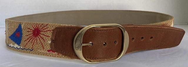 Men’s Straw Woven Belt Embroidered Sailboat Sun Yacht Ship Tropical Boat Island