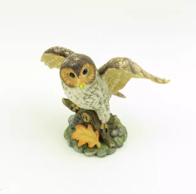 VTG Brown Owl Figurine Hand Painted Bisque Porcelain w/ Leaf - 3" Tall