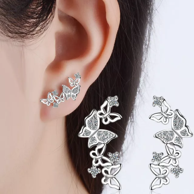 925 Sterling Silver Crystal Butterfly Flowers Stud Earrings Womens Charm Jewelry