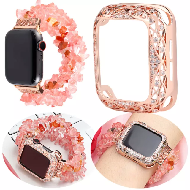 Bead Stone Stretch Bracelet Bands Metal Case For Apple Watch Series 7 6 5 4 3 SE