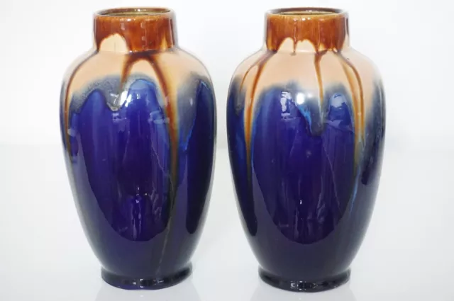 Pair Belgian Art Pottery Faiencerie de Thulin Drip Glaze Vases - c.1920