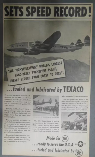 Texaco Gas Ad: TWA WW2 Transport Plane Fueled by Texaco 1940 Size 10 x 17 inches