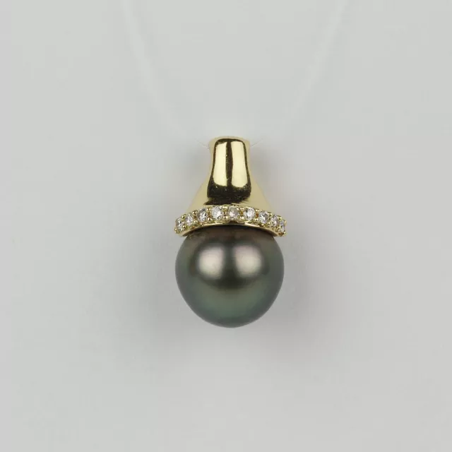 14k Yellow Gold, Black Tahitian Pearl, Diamond Womens Necklace Pendant