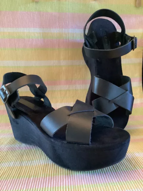 CHILIS 8.5 Glint Platform Suede Leather Wedge Hippie Bohemian Sandals Black