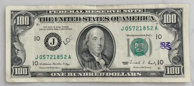 $100 ONE HUNDRED DOLLAR BILL - Old / Vintage 1988 - J District - Only 9.6 mil