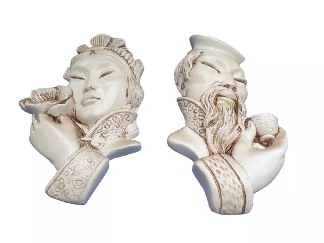 Antigua Par De Estatuillas de Pared Chinoises-Couple Hombre / Femme-Glacis Yeso