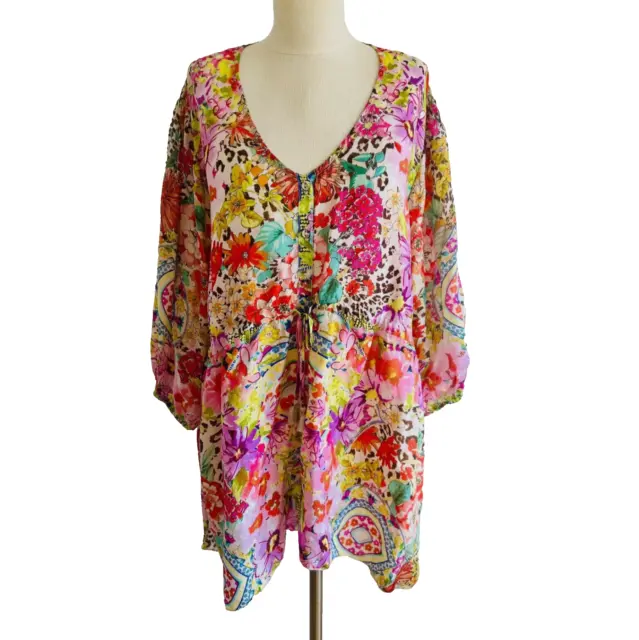 NWOT Johnny Was Wild Garden Anora Silk Floral Tunic Top Boho Chic Swim Cover L