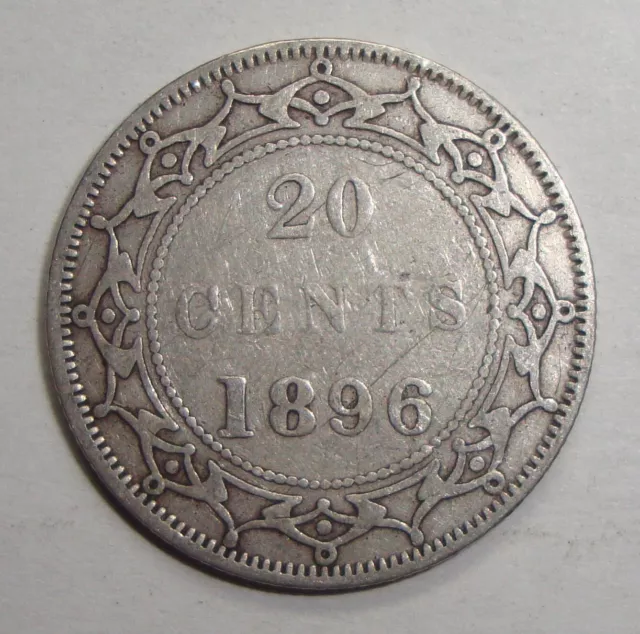 1896 Newfoundland Canada Twenty 20 Cents Victoria Sterling Silver Coin