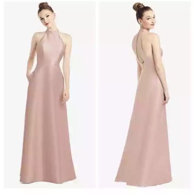 NWT Alfred Sung High Neck Cutout Satin Bridesmaid Dress Toasted Sugar size 2