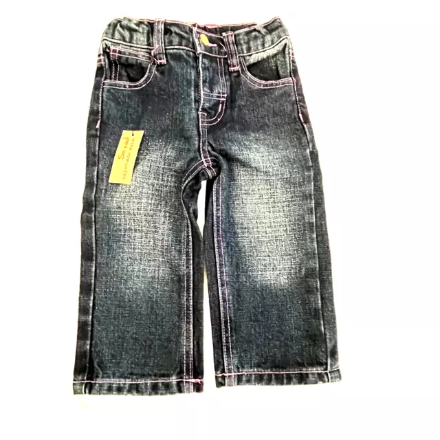 Girls Size 1 Baby Charlie & Me Blue Denim Jeans Pink Stitching Stretch Waist NWT