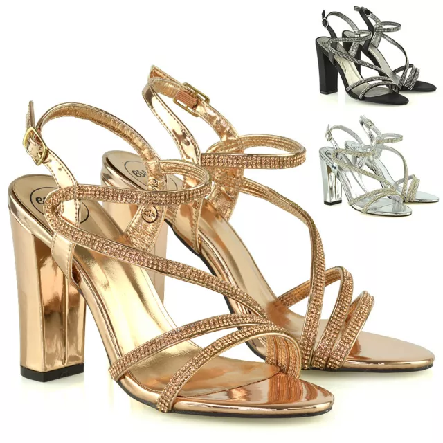 Womens Block Heel Strappy Sandals Ladies Diamante Bridal Party Evening Shoes 3-8