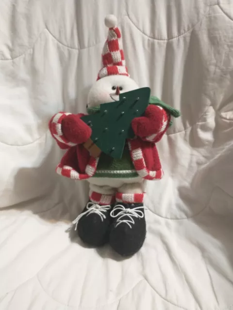 Plush Snowman 13'' tall wearing red and green Holding a Lighted Christmas Tree 