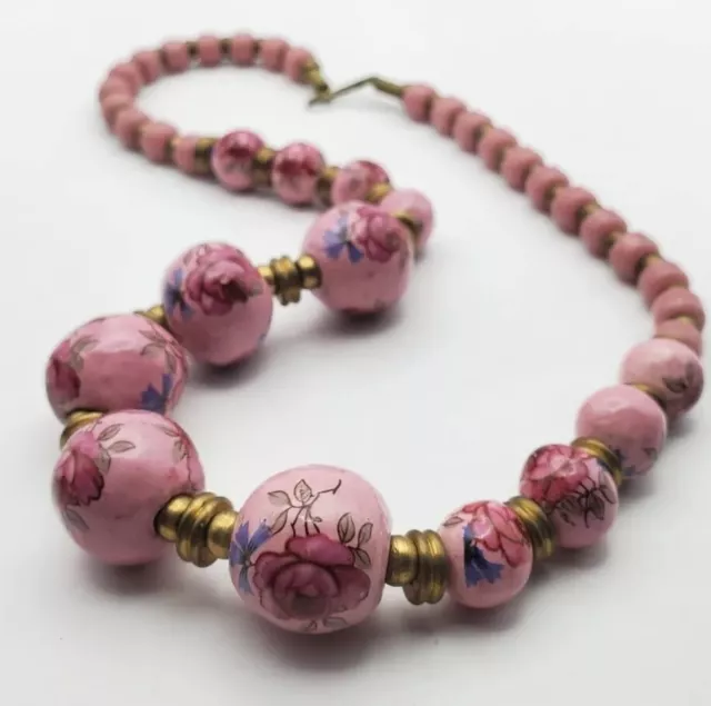 Vintage Pink Ceramic Beaded Rose Necklace Hand Painted Flower Graduated Brass