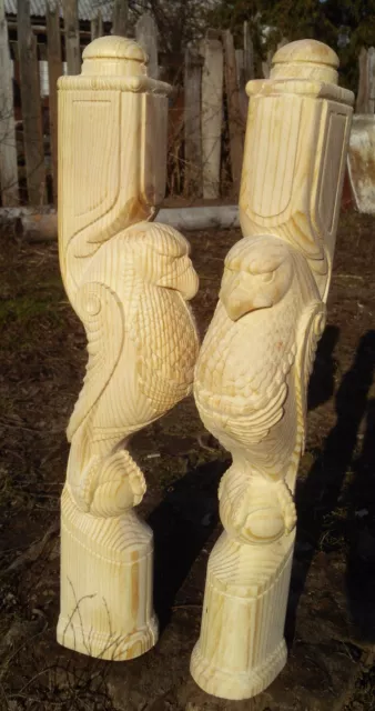 Wooden stairs Baluster, unique carved eagle statue, decorative element.