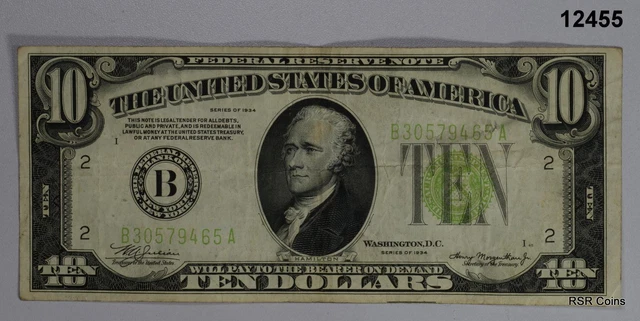 1934 $10 Federal Reserve Note Light Green New York Vf! #12455