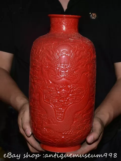 14.4" Qianlong Marked Chinese Red Glaze Porcelain Dragon Bottle Vase