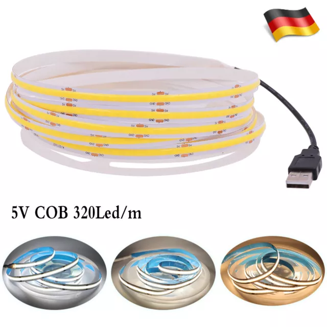 1-5m LED COB Streifen Warmweiß Weiß 5V USB Lichtband Stripe keine Lichtpunkte DE