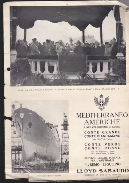 clipping ritaglio MEDITERRANEO AMERICHE pubblicità anni 30/40 ca LLOYD SABAUDO 