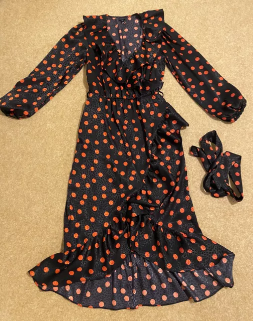 River Island Berlin Doll Dress Size 8 Frill Neck Wrap Polka Dot Black Red Belt