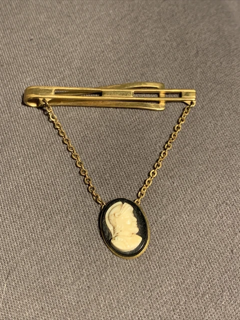 VTG Tie Bar Clip Roman Centurion Soldier Cameo Goldtone Drop Chain MAKE OFFER