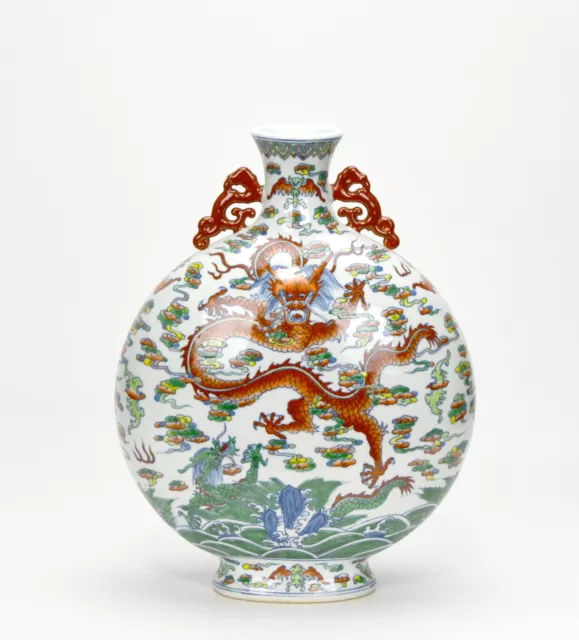 Chinese Qing Yongzheng Mk Doucai Double Dragon Moon Flask Porcelain Vase