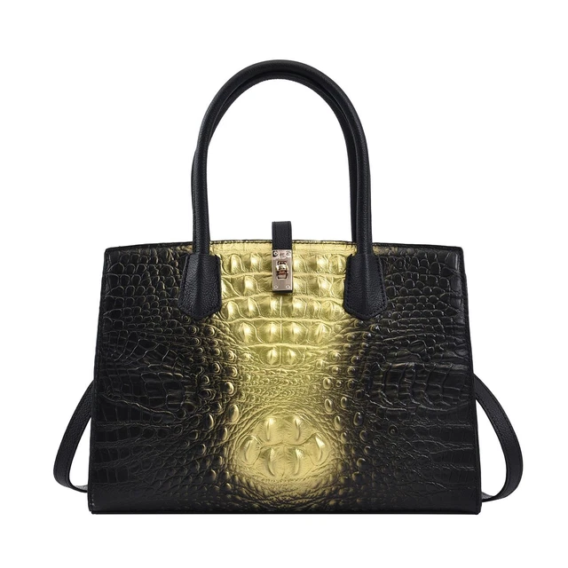 THE MONACO Black Golden Leather Croc Embossed Convertible Tote Bag Long Strap