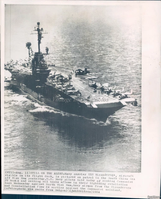 1964 WIREPHOTO USS Ticonderoga Aircraft Navy Carrier Ship Pilot Airmen
