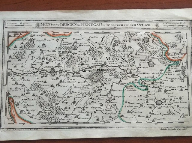 1720 Bodenehr Carta Geografica Belgio Mons Bergen In Hainaut Wallonia