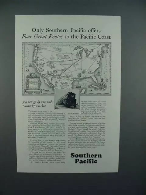 1928 Southern Pacific Lines Railroad Ad - Four Great Routes