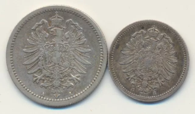 Germany: 1875-G 20 Pfenning & 1876-A 50 Pfennig Deutsches Reich VF (2 Coins)