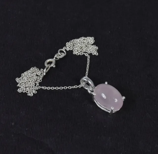 925 Solid Sterling Silver Pink Rose Quartz Chain Pendant -19 Inch|! k999